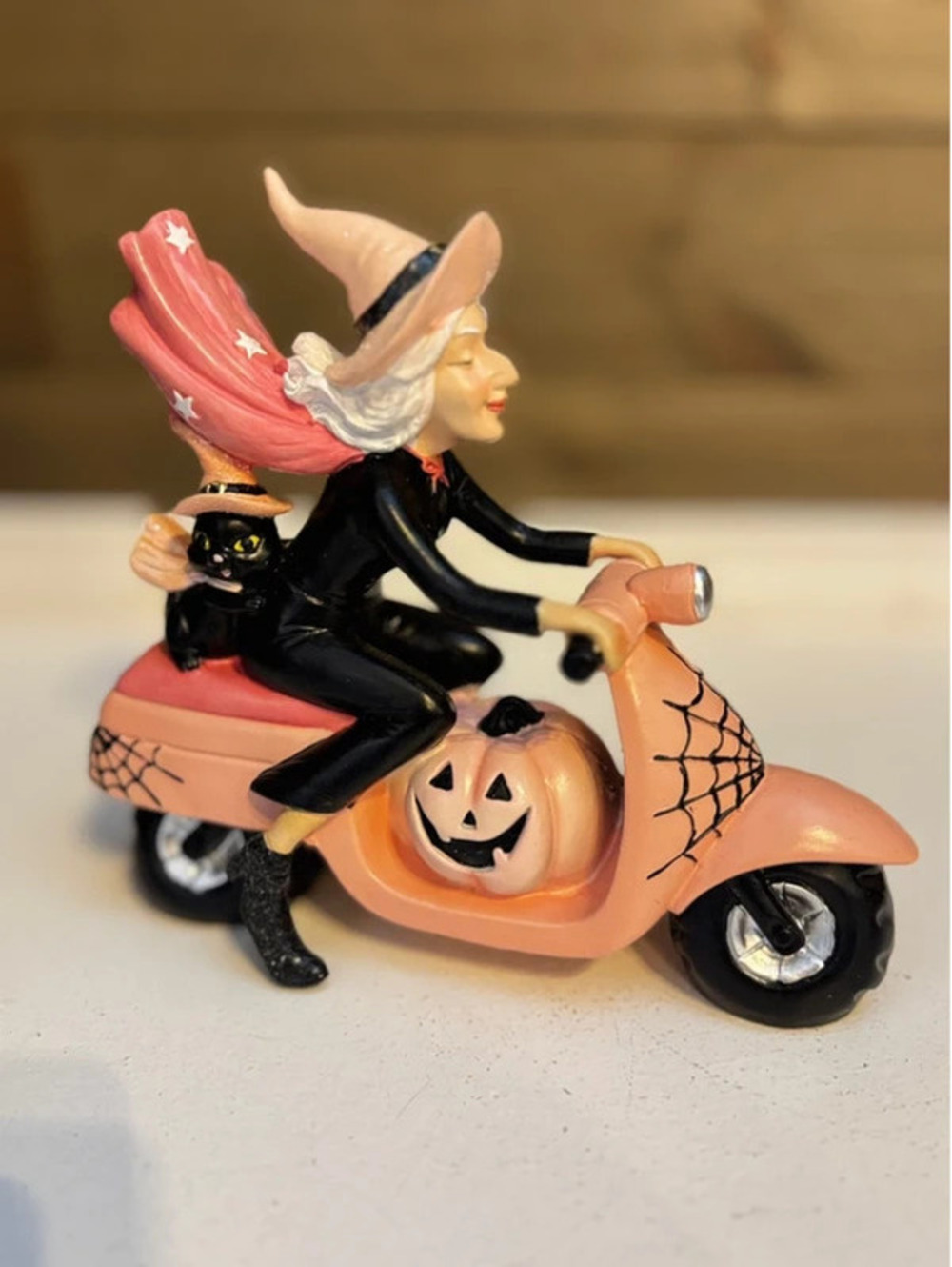 Pink Witch On Scooter With Black Cat Figurine - 9in Halloween Scooter Decor